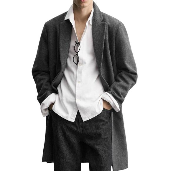 Zara 4 Way Coat Men M Gray 4-Way Stretch Knee Long Pea coat Overcoat Polyester - Picture 1 of 13